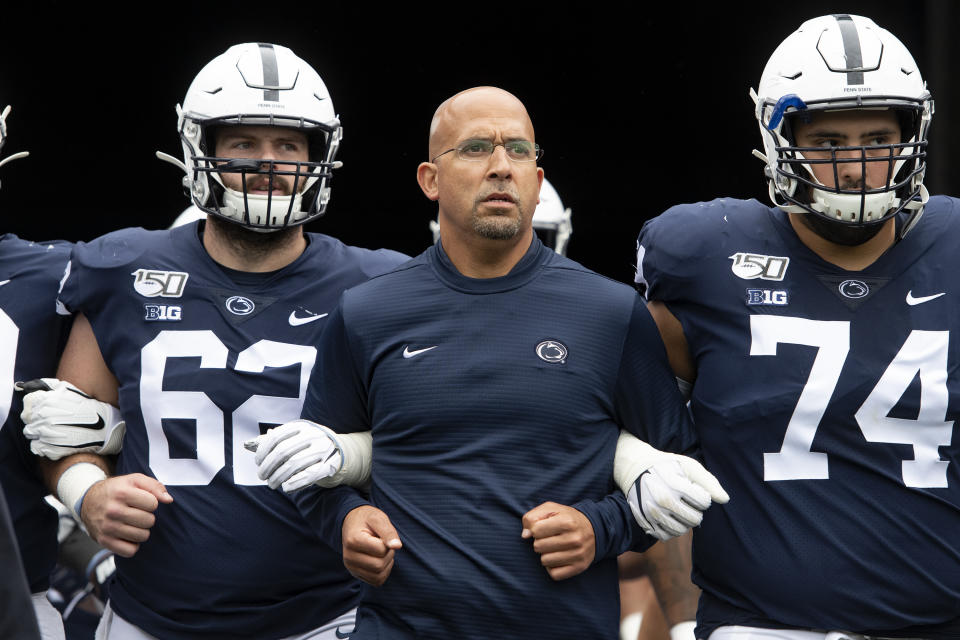 Penn State head coach James Franklin leads his team onto the field for an NCAA college football game against Pittsburgh in State College, Pa., on Saturday, Sept. 14, 2019. (AP Photo/Barry Reeger)