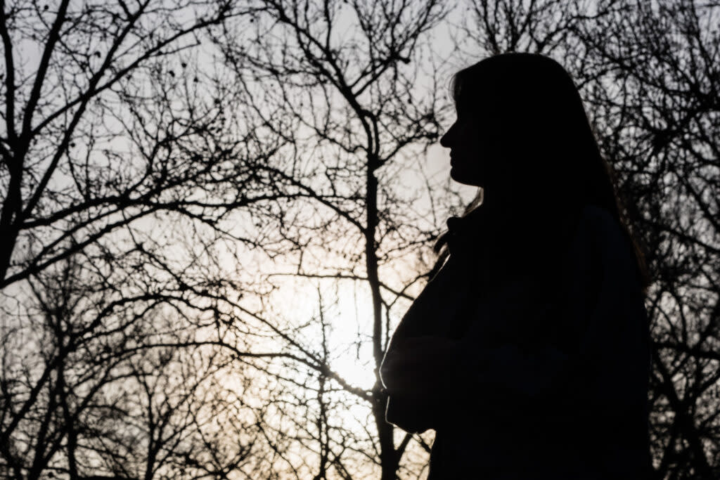 A woman's silhouette is shown in front of trees with sparse foliage with a glowing sun behind them.