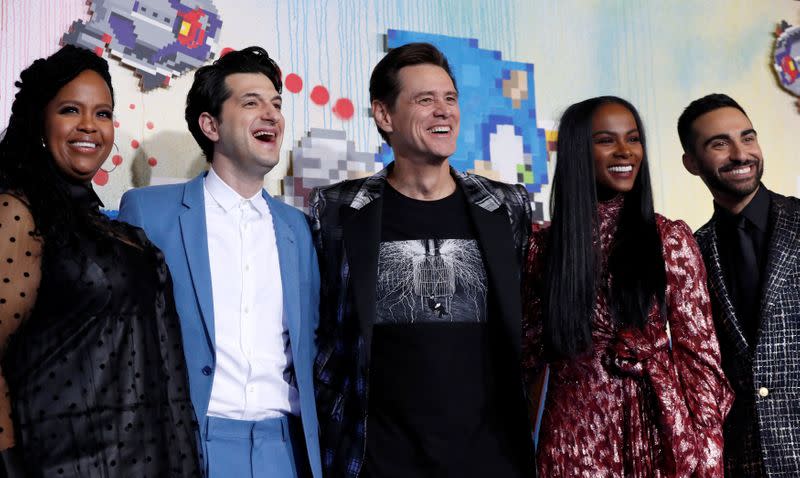 Cast members Rothwell, Schwartz, Carrey, Sumpter and Majdoub pose at the premiere of "Sonic the Hedgehog" in Los Angeles