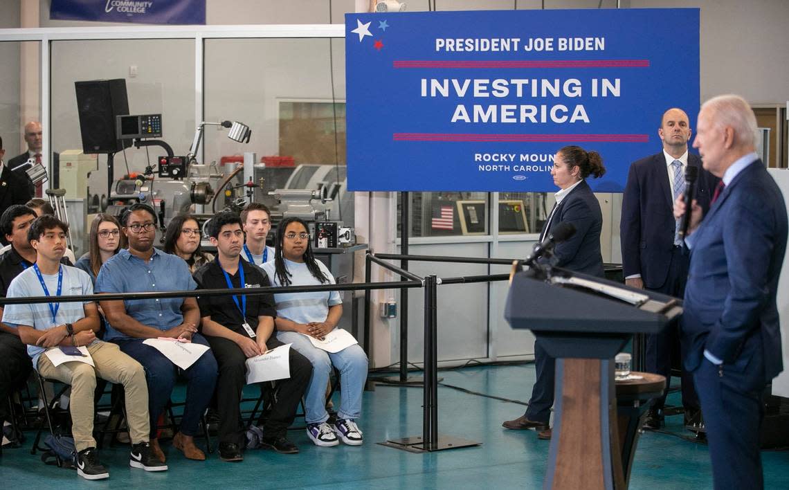 Students at Nash Community College have a front row seat for President Joe Biden as he makes remarks on Friday, June 9, 2023 in Rocky Mount, N.C. Biden highlighted the workforce training programs offered by the school, funded by his American Rescue Plan.