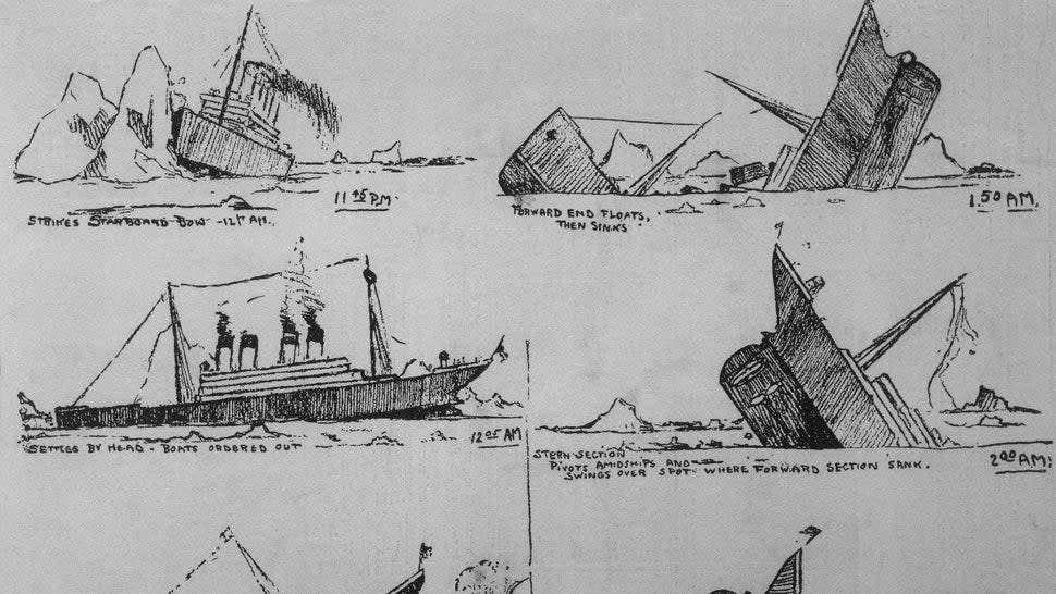 Sketches of the Titanic sinking inspired by Jack Thayer's account.