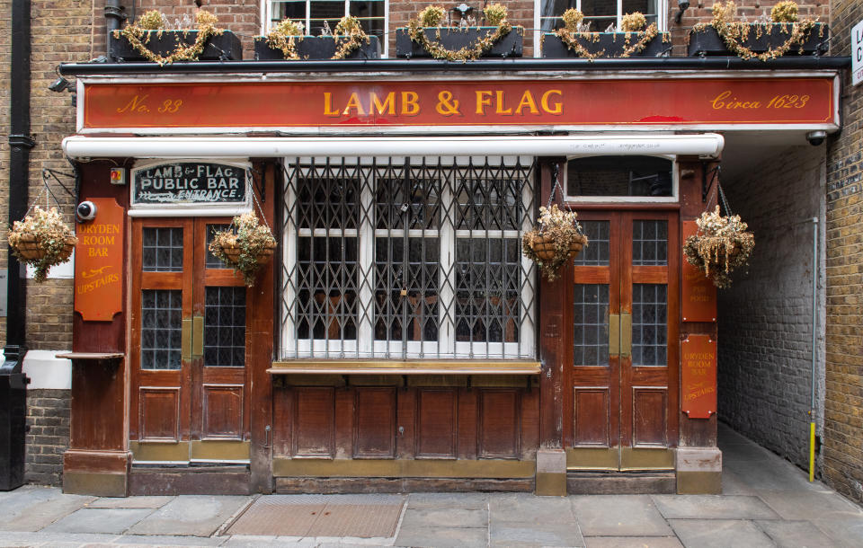 General view of the shuttered Lamb and Flag pub, in Covent Garden, London, as pubs and bars remain closed even as further coronavirus lockdown restrictions are lifted in England.