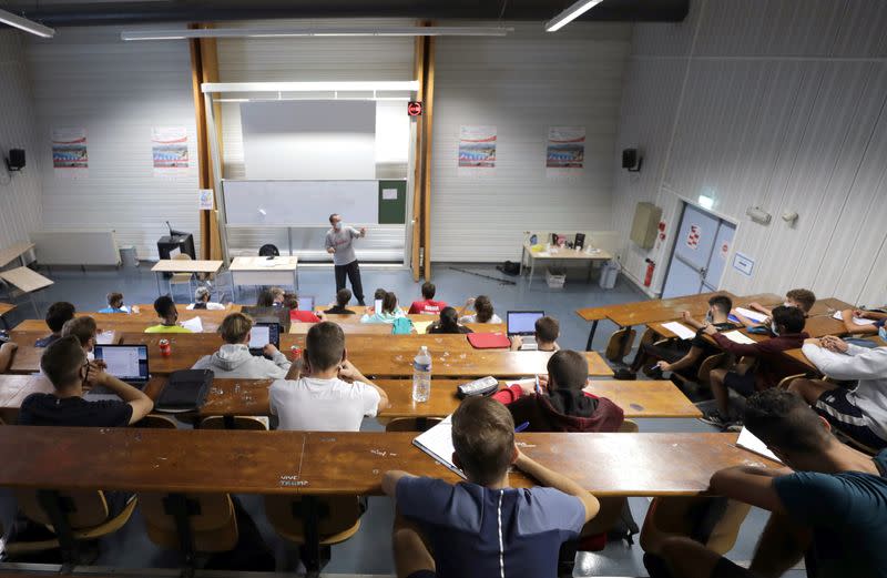 Students of the faculty of sport sciences attend a class in an auditorium at the Universite Cote d'Azur in Nice