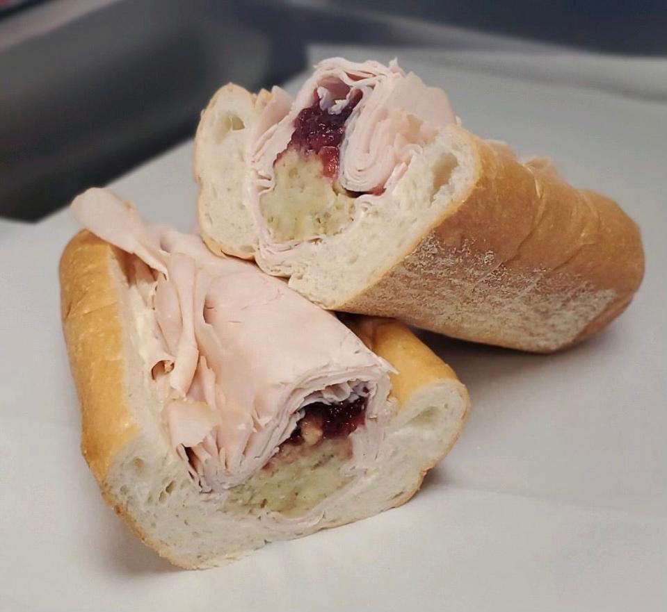 The Turkey Stuffer Sub from Casapulla's Subs in Rehoboth Beach made with sliced oven roasted turkey breast with mayonnaise, stuffing and whole berry cranberry sauce.