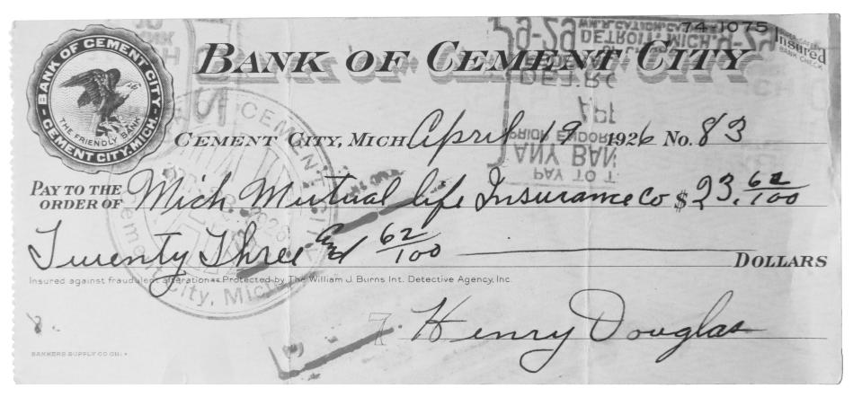 Memorabilia from the Bank of Cement City is rare. This canceled check from 1926 was written out five years before the bank was robbed by five men.