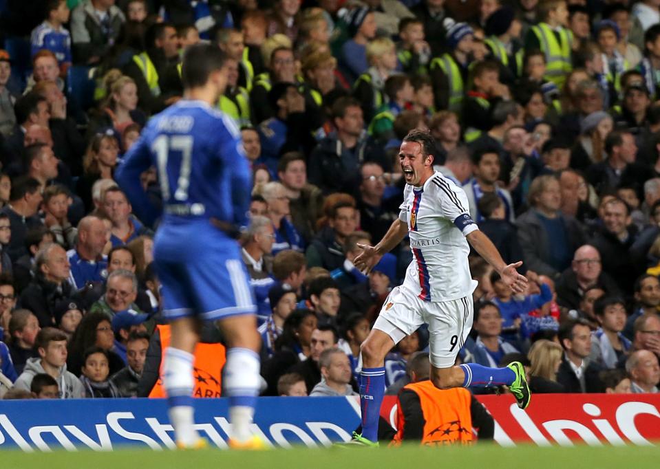 FC Basel's Marco Streller celebrates scoring his side's second goal of the game