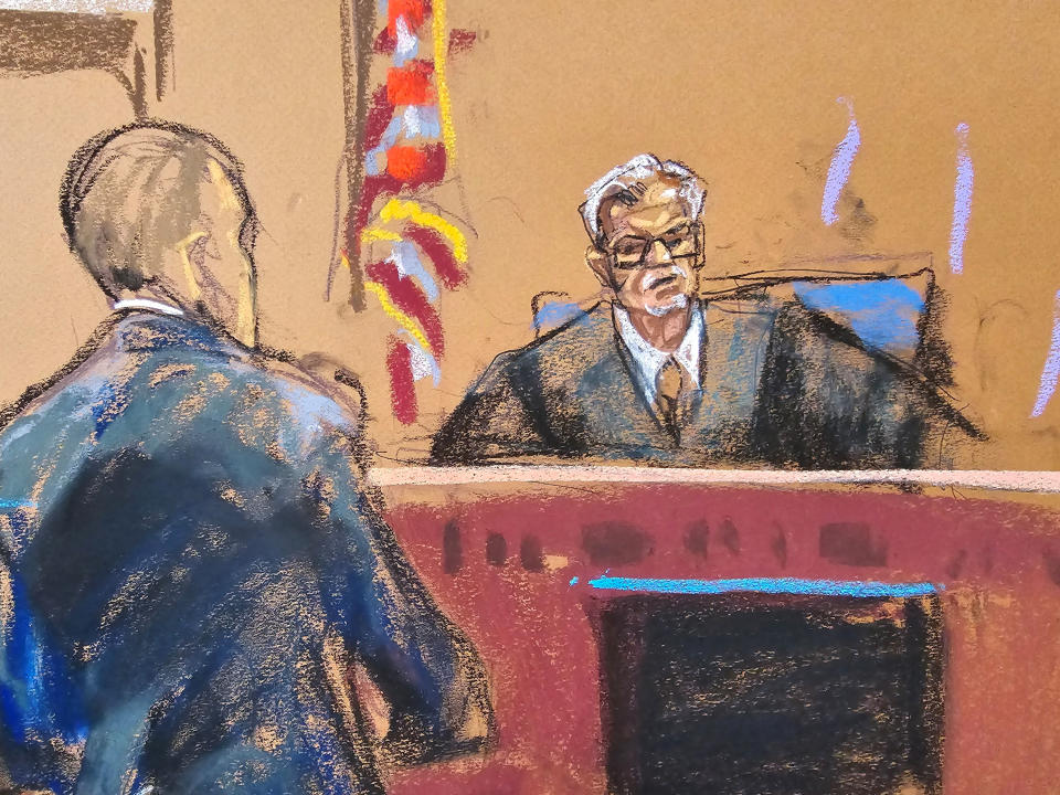 A courtroom sketch of New York Supreme Court Judge Juan Merchan and Trump lawyer Emil Bove.