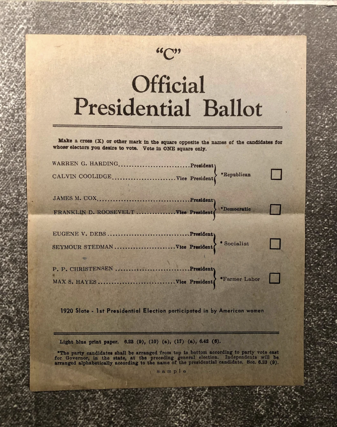 Official Presidential Ballot from 1920 listing candidates Warren G. Harding, Calvin Coolidge, James M. Cox, Franklin D. Roosevelt, Eugene V. Debs, Seymour Stedman, P.P. Christensen, and Max S. Hayes