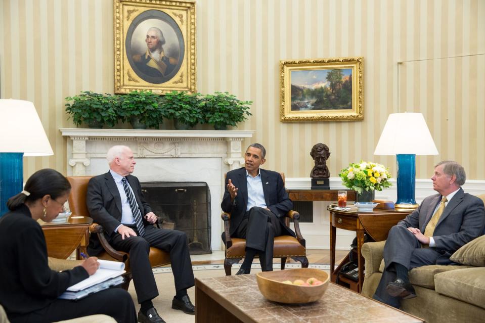 <p>President Obama meets with McCain, Senator Lindsey Graham, and National Security Advisor Susan Rice in the Oval Office to discuss strategy in Syria on September 2, 2013.</p>
