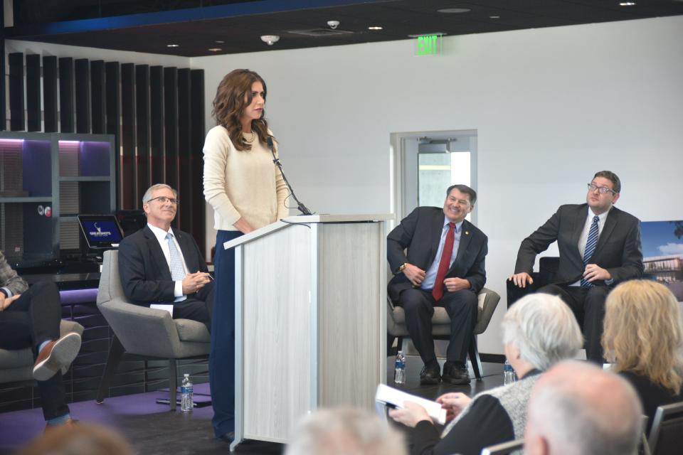 Gov. Kristi Noem speaks about the state's future multi-million dollar investment into Dakota State University's cyber security program at Great Shots on Wednesday, Jan. 26, 2022.