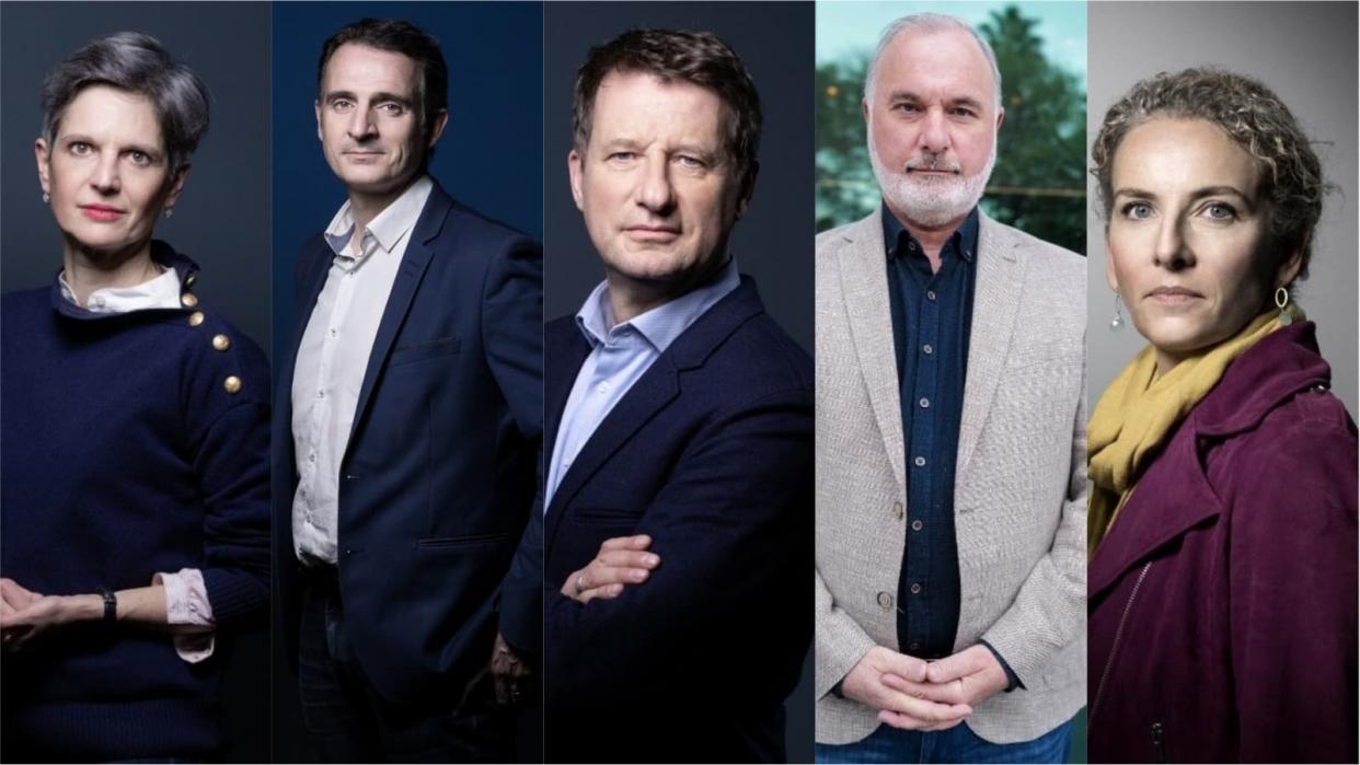 Sandrine Rousseau, Eric Piolle, Yannick Jadot, Jean-Marc Governatori et Delphine Batho. Les cinq candidats à la primaire écologiste. - AFP