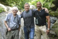 This image released by National Geographic shows Central Park Natural Areas foreperson Jerry Heinzen, from left, Jeff Corwin, and Christian Cooper in New York's Central Park during the filming of “Extraordinary Birder with Christian Cooper." (Troy Christopher/National Geographic via AP)