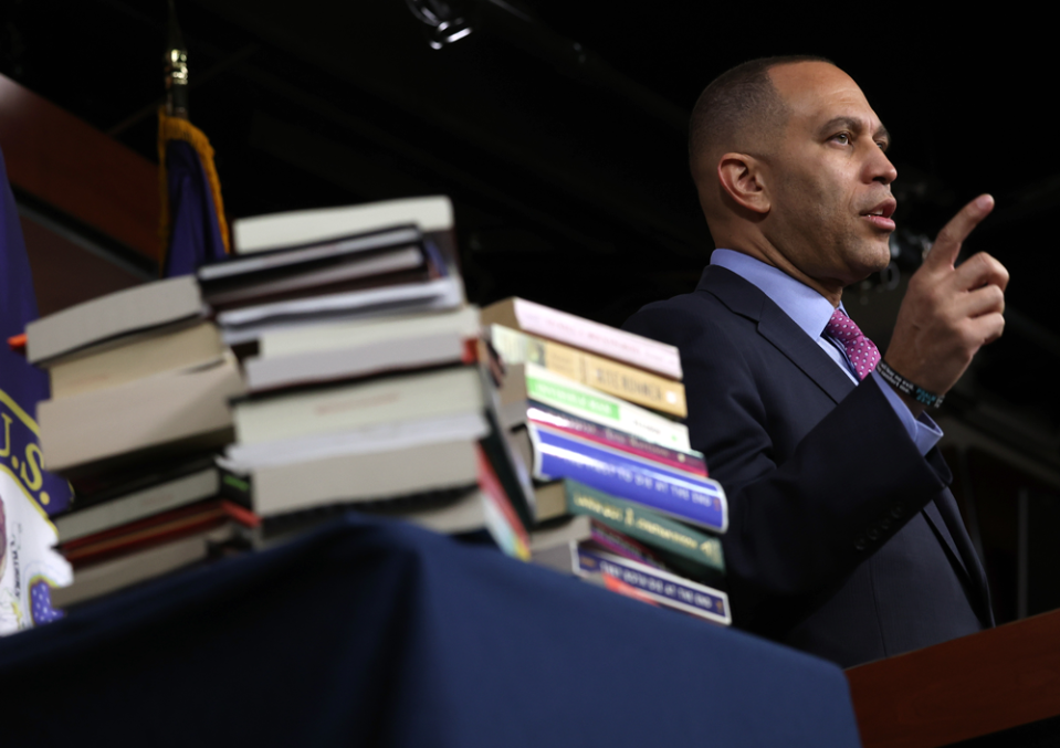 House Democratic Leader Hakeem Jeffries discussed books that some districts have removed from classrooms and libraries. (Kevin Dietsch/Getty Images)