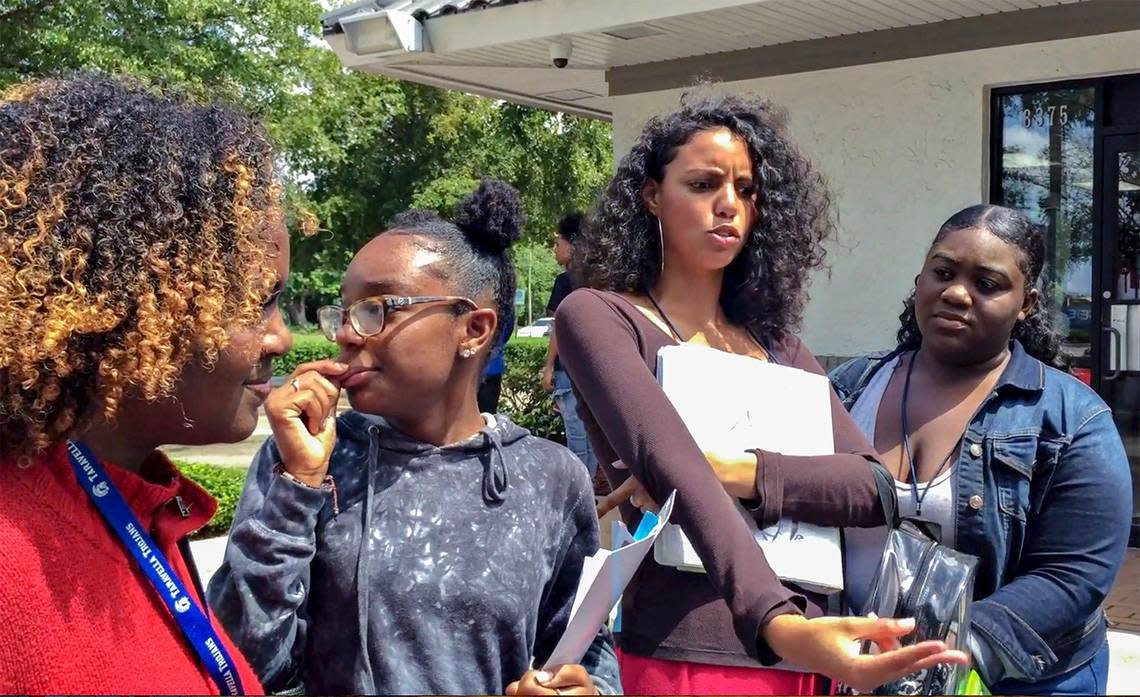 Taravella High students - Aaliyah Pierre, 16, left, Armoni Stanley, 17, Leona Foster, 16, and Kaia Way, 17, right, told the Miami Herald in 2019 that police reaction was extreme after BSO Deputy arrested Tarvella High teenager, DeLucca Rolle, and smashed his head to the ground.