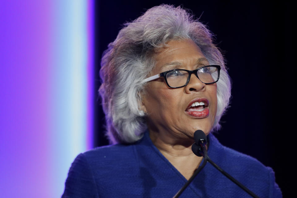 FILE - In this Nov. 6, 2018, file photo, Rep. Joyce Beatty, D-Ohio, speaks to the audience during the Ohio Democratic Party election night watch party in Columbus, Ohio. An open Senate seat in Ohio has set off a round of jockeying among ambitious Democrats and a spirited debate over who is best poised to lead a party comeback in a one-time battleground that has been trending Republican. (AP Photo/John Minchillo, File)