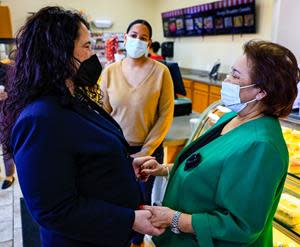 SBA Administrator Isabella Casillas Guzman talks with Silvia’s Bakery owner Silvia Paulino in Philadelphia, PA. Silvia’s Bakery received funding from PPP, RRF, and COVID EIDL, and used it to fund her payroll and for working capital, including inventory, mortgage payments, and utilities.