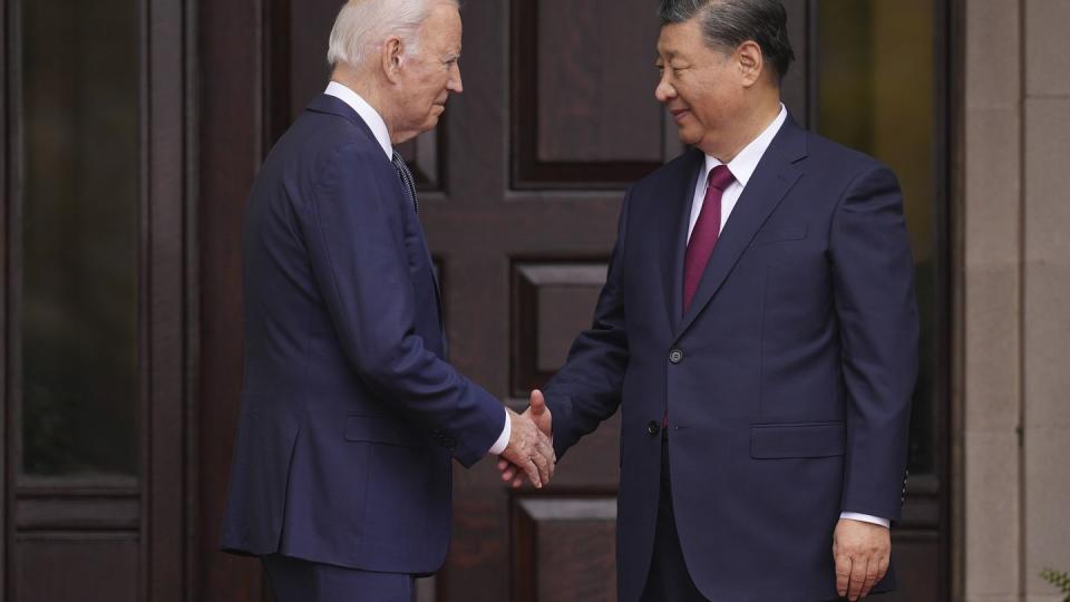 President Joe Biden greets China's President President Xi Jinping at the Filoli Estate in Woodside, Calif., Wednesday, Nov, 15, 2023, on the sidelines of the Asia-Pacific Economic Cooperative conference. (Doug Mills/The New York Times via AP, Pool)