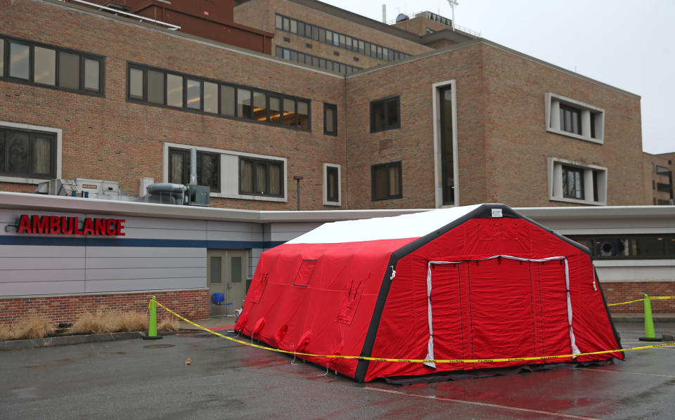 BOSTON, MA - MARCH 17: An emergency tent is set up at the Carney Hospital in Boston's Dorchester for coronavirus pandemic use on March 17, 2020. (Photo by David L. Ryan/The Boston Globe via Getty Images)