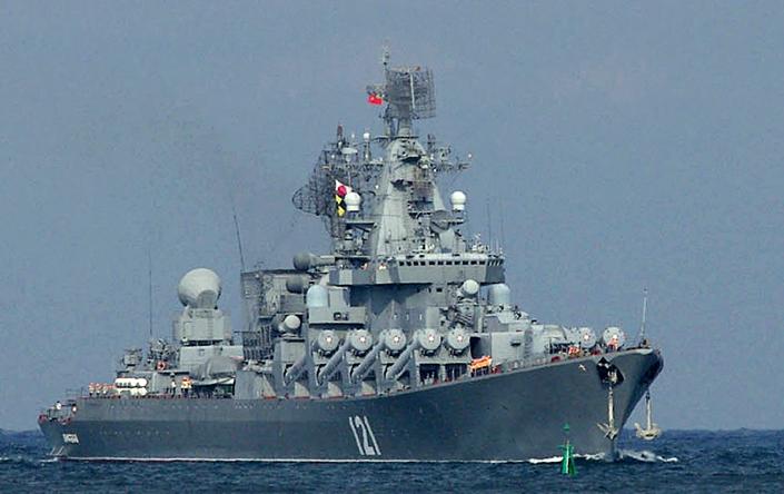 (FILES) This file photo taken on August 29, 2013 shows the Moskva, missile cruiser flagship of Russian Black Sea Fleet, entering Sevastopol bay. Russia's Moskva warship was hit by two Ukrainian missiles before it sank in the Black Sea, a senior Pentagon official said Friday, calling it a 