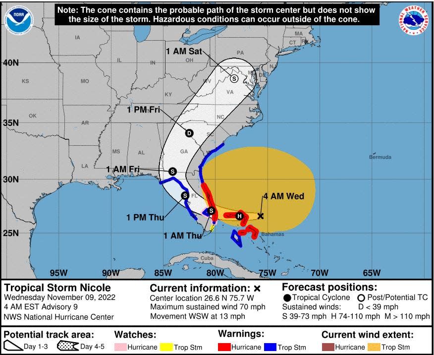 4 a.m. forecast map for Tropical Storm Nicole.