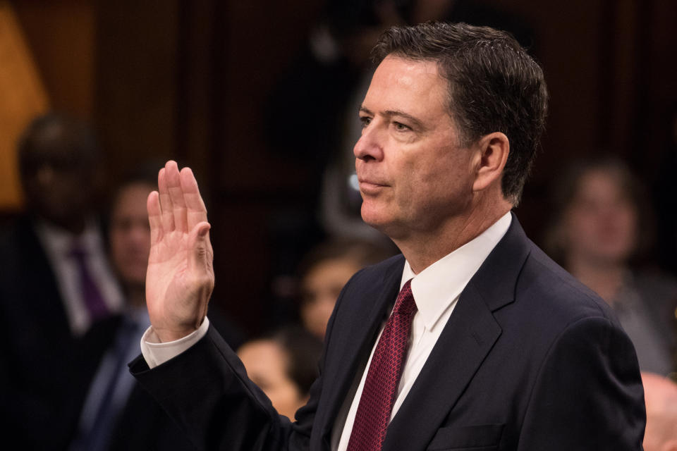 Former FBI Director James Comey is sworn in before he testified to the Senate Intelligence Committee on June 8, 2017. (Photo: NurPhoto via Getty Images)