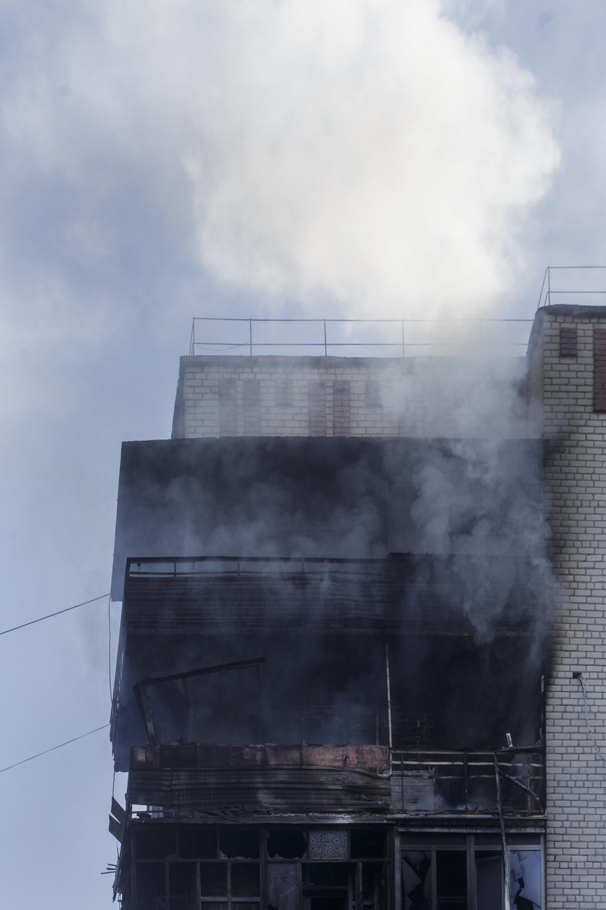 A view of a burning building due to a Russian shelling as the strikes continue on the Donbass frontline, during Russia and Ukraine war in Bakhmut (Anadolu Agency via Getty Images)