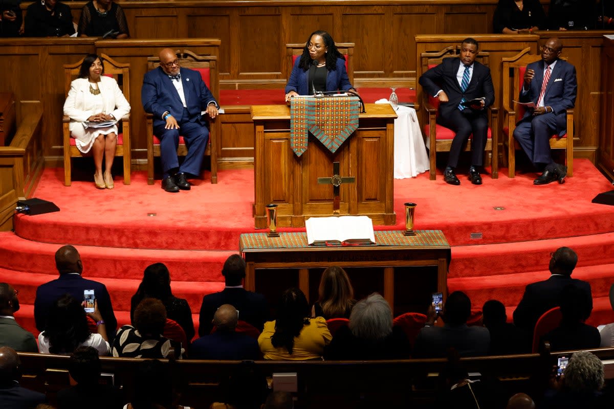 US Supreme Court Justice Ketanji Brown Jackson addresses an audience at 16th Street Baptist Church in Birmingham, Alabama, on 15 September to commemorate the 60th anniversary of a Ku Klux Klan bombing that killed four Black children. (AP)
