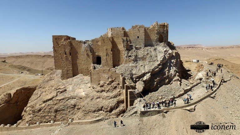 The site of the Fakhr-al-Din al-Ma'ani Castle, known as the Palmyra citadel, on a hilltop in the ancient city of Palmyra on April 1, 2016, after it was partially destroyed by Islamic State Jihadists