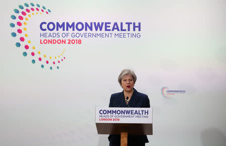 Britain's Prime Minister Theresa May speaks at a news conference to mark the end of the Commonwealth Heads of Government Meeting at Marlborough House in London, Britain, April 20, 2018. REUTERS/Hannah McKay