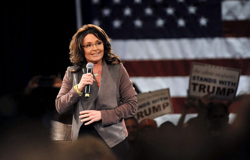 FILE PHOTO: Former Alaska Governor Sarah Palin fires up the crowd before U.S. Republican presidential candidate Donald Trump arrive at a campaign rally at the Tampa Convention Center in Tampa, Florida