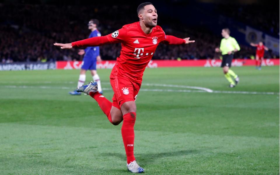 Bayern's Serge Gnabry celebrates after scoring his side's second goal during the Champions League round of 16 soccer match between Chelsea and Bayern Munich at Stamford Bridge in London, England, Tuesday, Feb. 25, 2020 - AP