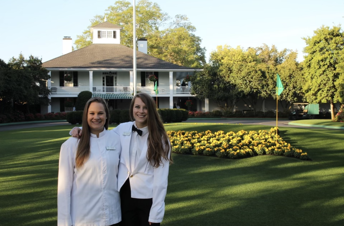 South Carolina students Tatiana Lippold (Left) and Callie Tallman Stayanoff (Right) worked at the clubhouse terrace during The Masters. Courtesy photo/Tatiana Lippold
