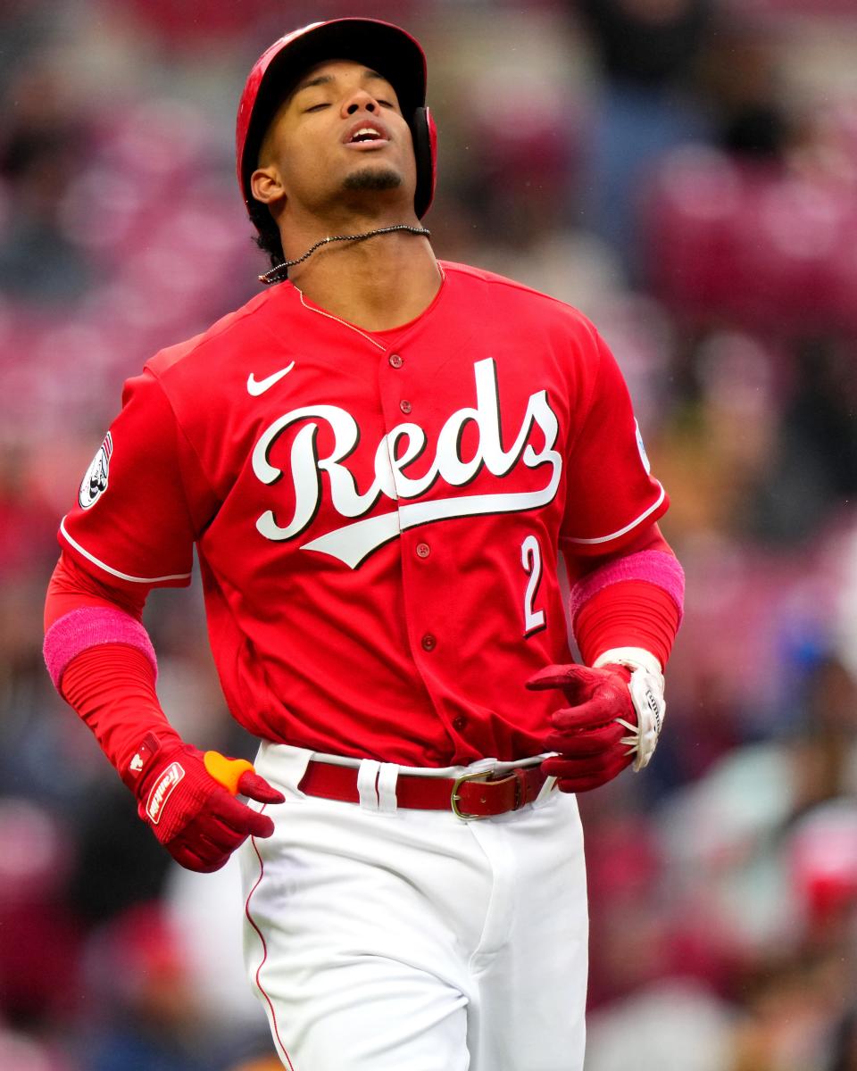 Cincinnati Reds shortstop Jose Barrero (2) reacts after lining out in the fifth inning of a baseball game between the Pittsburgh Pirates and the Cincinnati Reds, Saturday, April 1, 2023, at Great American Ball Park in Cincinnati. 