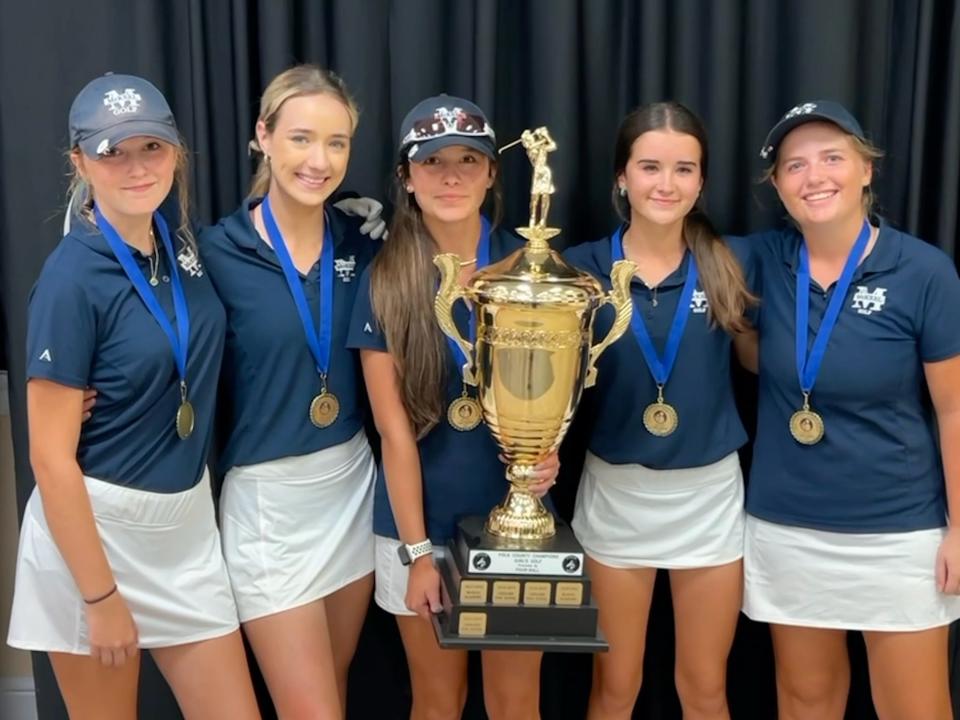 The McKeel girls golf team won a county championship Monday at the Cleveland Heights Golf Course. From left to right are Georgia Spence, Susie Davis, Ava Bustos, Caroline DeKalb and Carly McKnight.