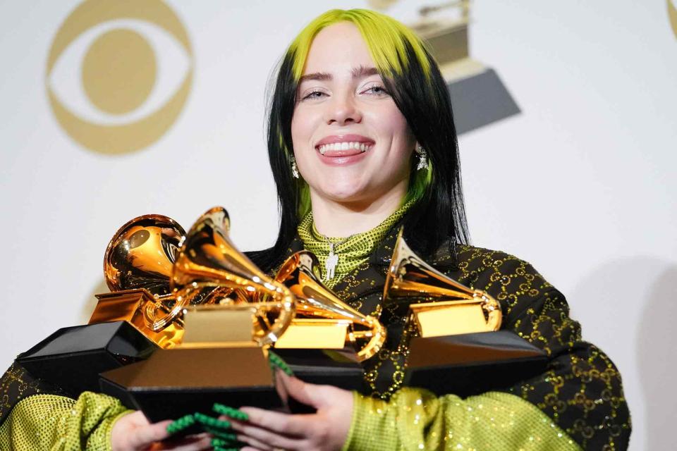 <p>Billie Eilish/YouTube</p> Billie Eilish in the press room during the 62nd Annual GRAMMY Awards on January 26, 2020.