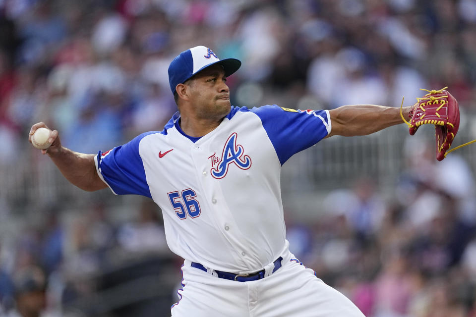Atlanta Braves pitcher Yonny Chirinos delivers against the San Francisco Giants during the first inning of a baseball game Saturday, Aug. 19, 2023, in Atlanta. (AP Photo/John Bazemore)