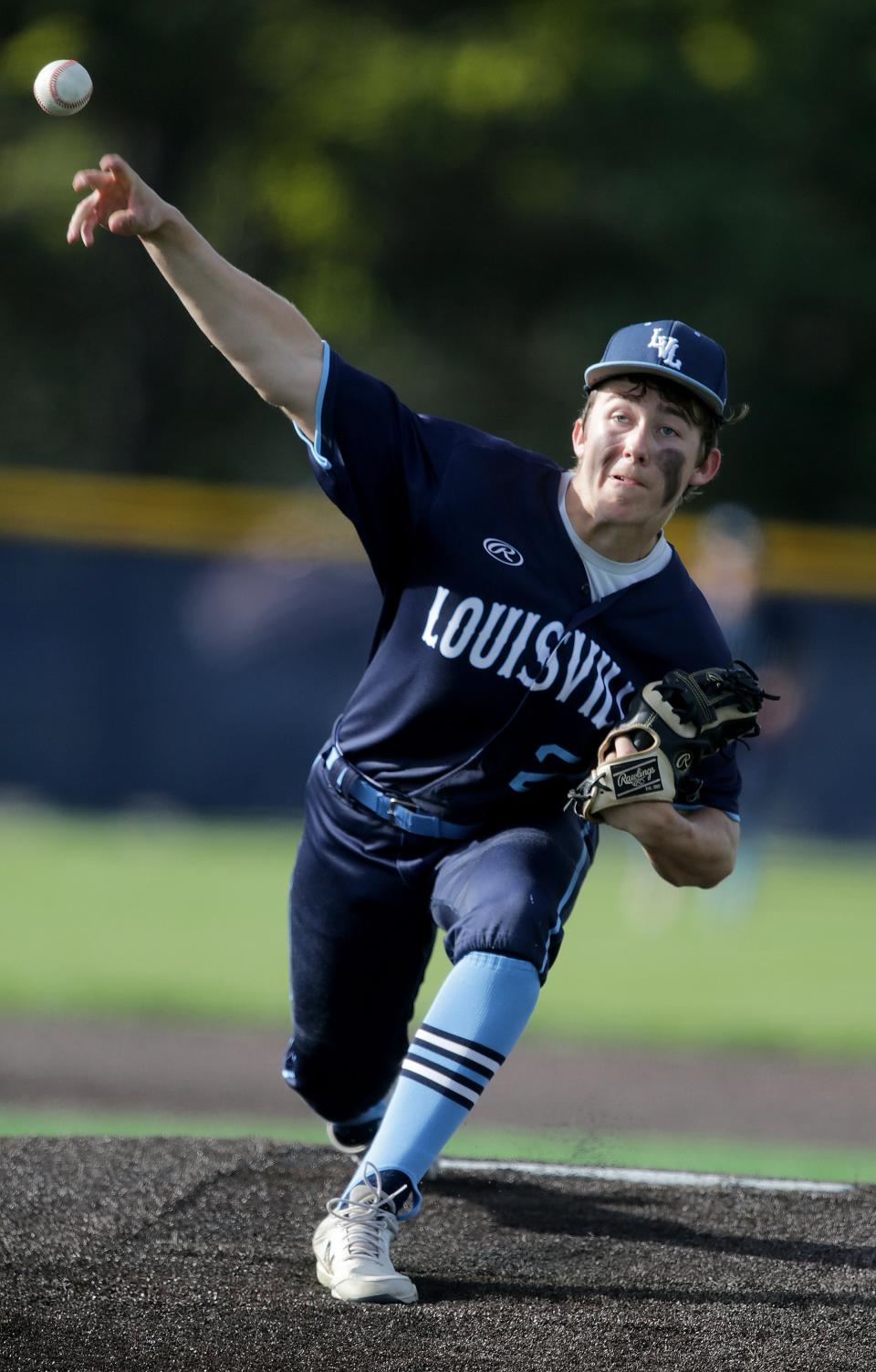 Louisville pitcher Connor Morley delivers a pitch in the fifth inning against Marlington in the Division II district final at Louisville, May 25, 2022.
