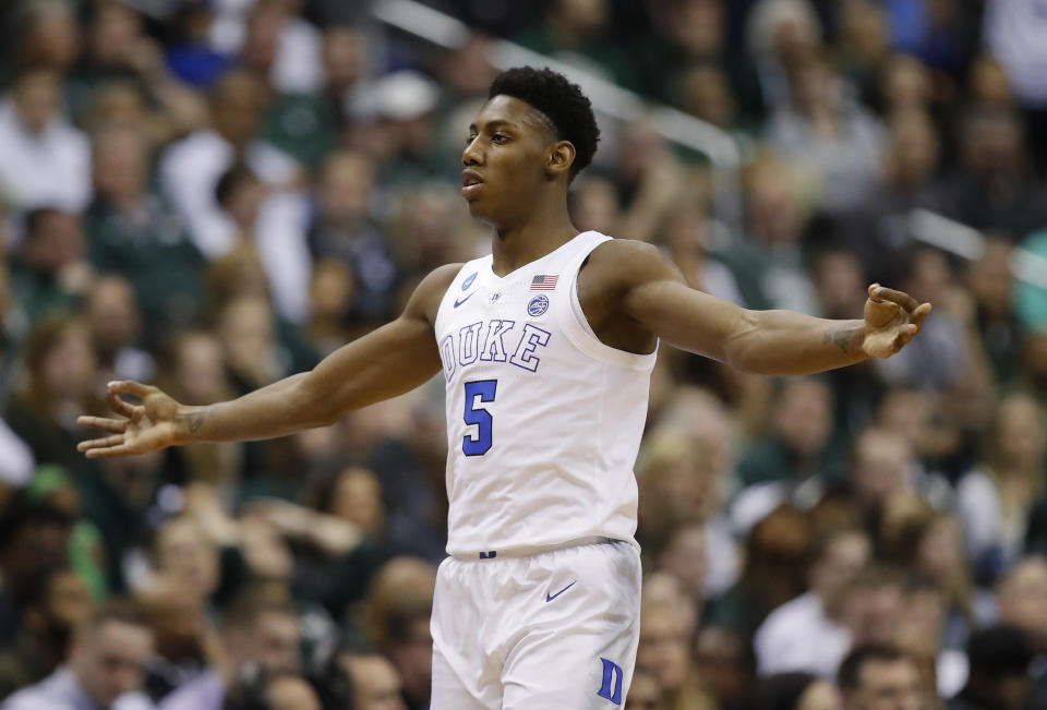 Duke forward RJ Barrett (5) reacts after scoring against Michigan State during the first half of an NCAA men's East Regional final college basketball game in Washington, Sunday, March 31, 2019. (AP Photo/Alex Brandon)