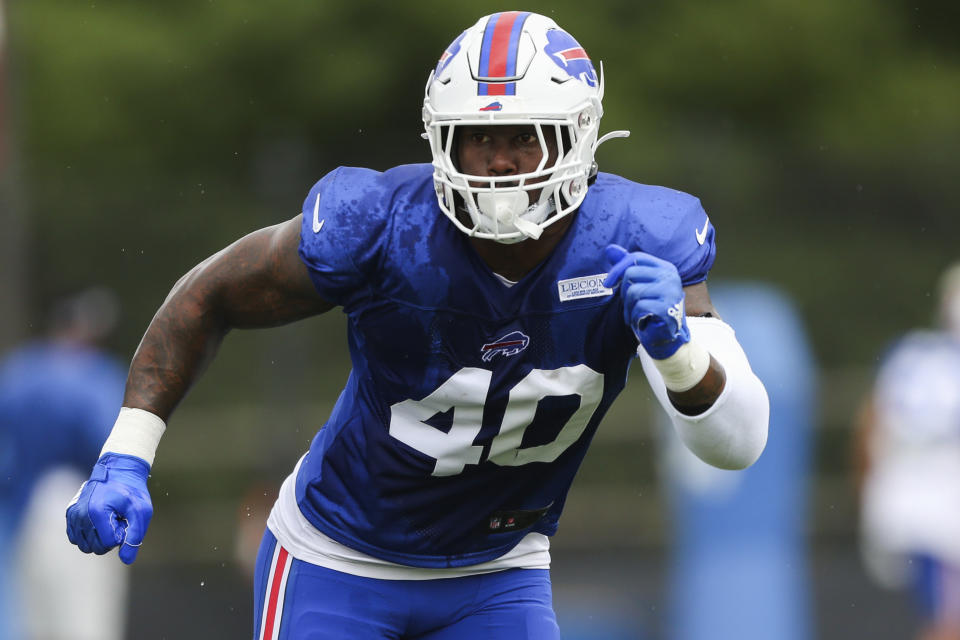 FILE - Buffalo Bills defensive end Von Miller (40) takes part in a drill during practice at the NFL football team's training camp in Pittsford, N.Y., Thursday, Aug. 4, 2022. The memories are too fond, and the bonds formed too tight for Von Miller to say anything negative about the Los Angeles Rams even as the Buffalo Bills’ newly signed pass rusher prepares to face his former team in the NFL’s season opener on Thursday, Sept. 8. (AP Photo/Joshua Bessex, File)