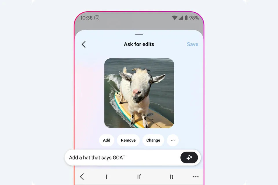 A phone showing Meta AI, with a surfing goat.