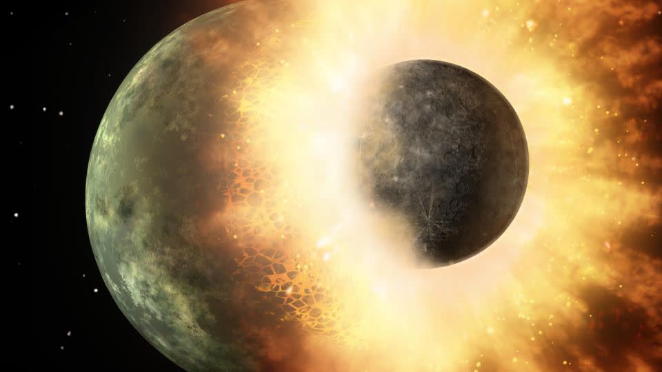 An artist's concept shows a moon-sized body crashing into a Mercury-sized body at high speed. Scientists believe a Mars-sized body crashed into Earth, and the molten debris ejected into space formed the moon. - NASA