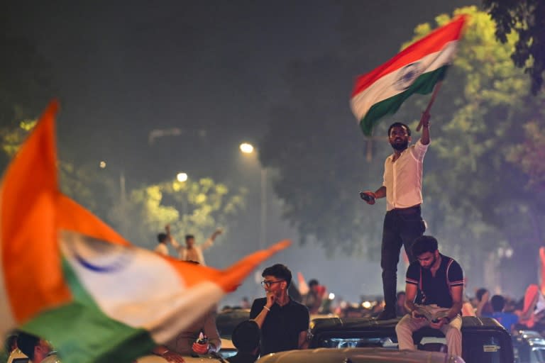 Indian fans in New Delhi wave flags after India's victory at the 2024 ICC men's Twenty20 World Cup (Arun SANKAR)