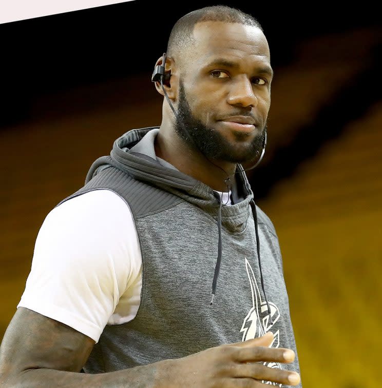 LeBron James #23 of the Cleveland Cavaliers warms-up before taking on the Golden State Warriors in Game 5 of the 2017 NBA Finals at ORACLE Arena on June 12, 2017