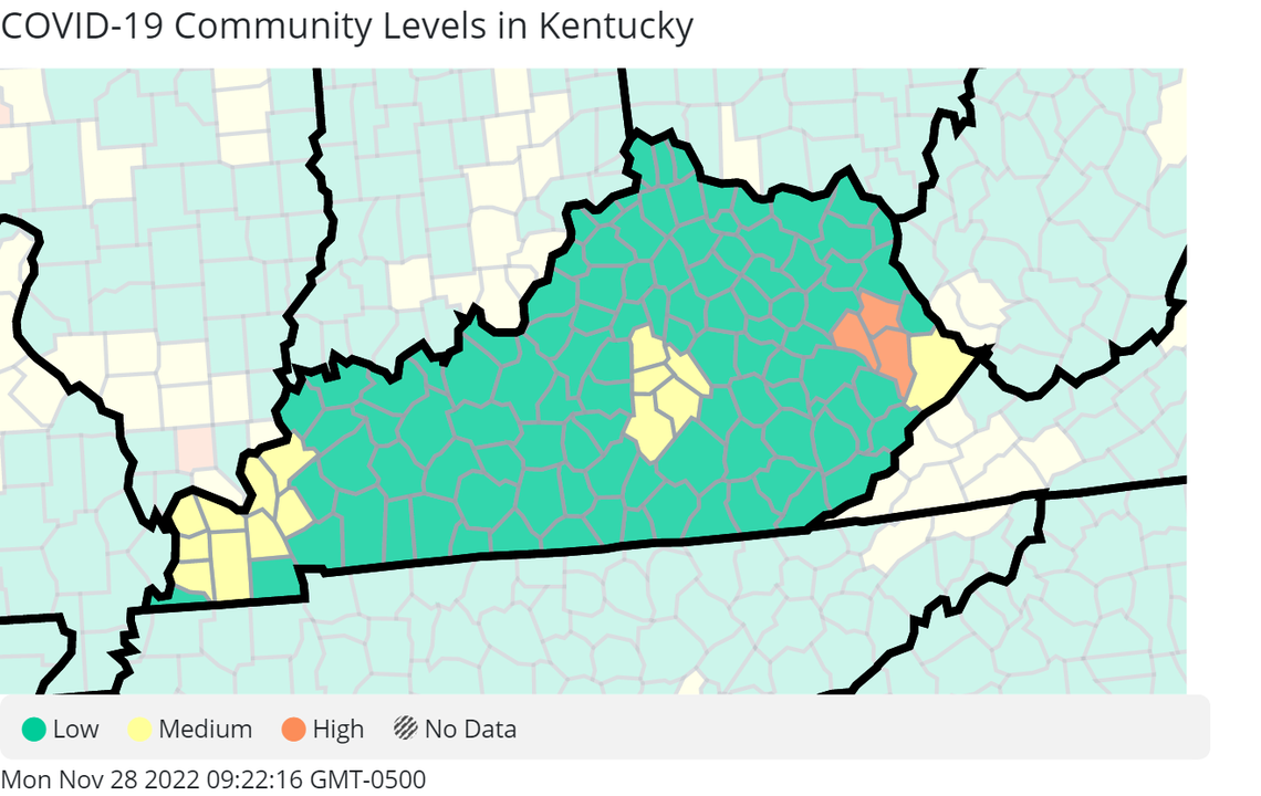 A map showing the CDC’s latest COVID-19 community levels for Kentucky, with Floyd, Johnson and Magoffin as the three counties experiencing high community levels. Another 15 counties are at medium and 102 at low, as of Nov. 28, 2022.