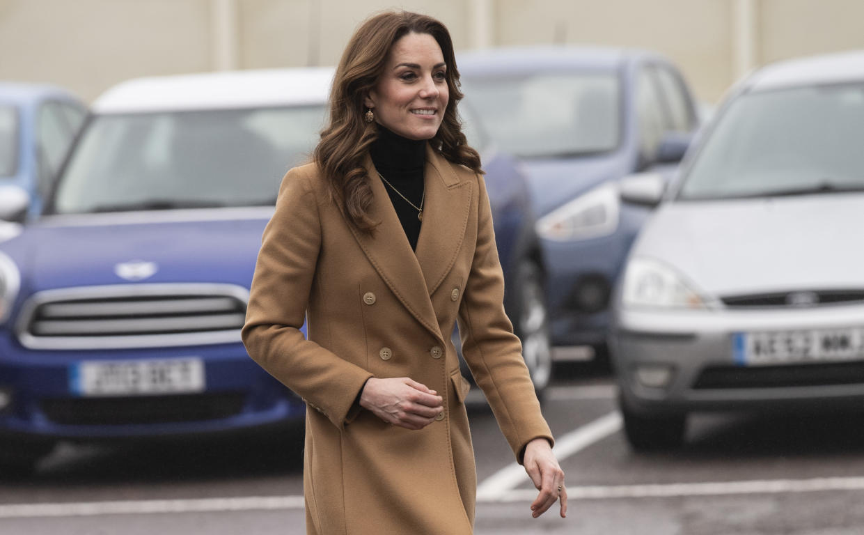 WOKING, ENGLAND - JANUARY 22: Catherine, Duchess of Cambridge visits HMP Send on January 22, 2020 in Woking, England. The visit is part of HRH's 24-hour tour of the country to launch '5 big questions on the under 5s'. (Photo by Mark Cuthbert/UK Press via Getty Images)