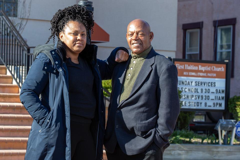Sheila Etienne of Neptune and her uncle, Jean Lizaire, who was born in Haiti, moved to Asbury Park in 1977 and returned to Haiti in 2011 as a Christian missionary, talk about the ongoing crisis in Haiti in front of the First Haitian Baptist Church in Asbury Park, NJ Friday, March 22, 2024. Lizaire traveled back to Monmouth County last month to visit family but finds himself stranded because of the instability in Haiti.