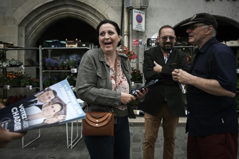 La candidate RN aux législatives, Sandrine Chadourne (c), distribue des tracts sur un marché à Libourne, le 2 juillet 2024 en Gironde (Philippe LOPEZ)