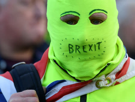 A pro-Brexit protester with a face mask looks on at the March to Leave demonstration in London, Britain March 29, 2019. REUTERS/Toby Melville