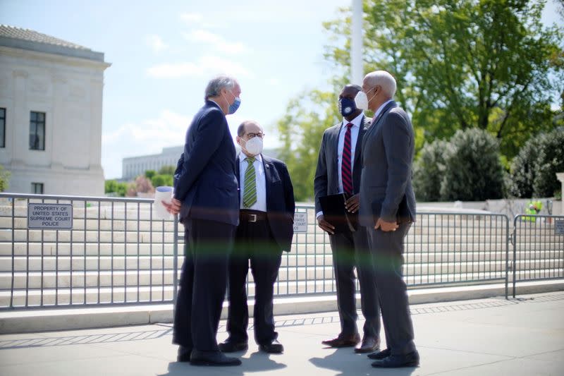 U.S. Senator Ed Markey (D-MA), U.S. Rep. Jerry Nadler (D-NY), U.S. Rep. Mondaire Jones (D-NY), and U.S. Rep. Hank Johnson (D-GA) huddle before introducing the Judiciary Act of 2021