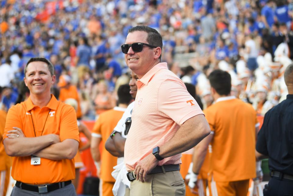 Tennessee athletics director Danny White stands on the sidelines during an NCAA football game against Florida at Ben Hill Griffin Stadium in Gainesville, Florida, in September.